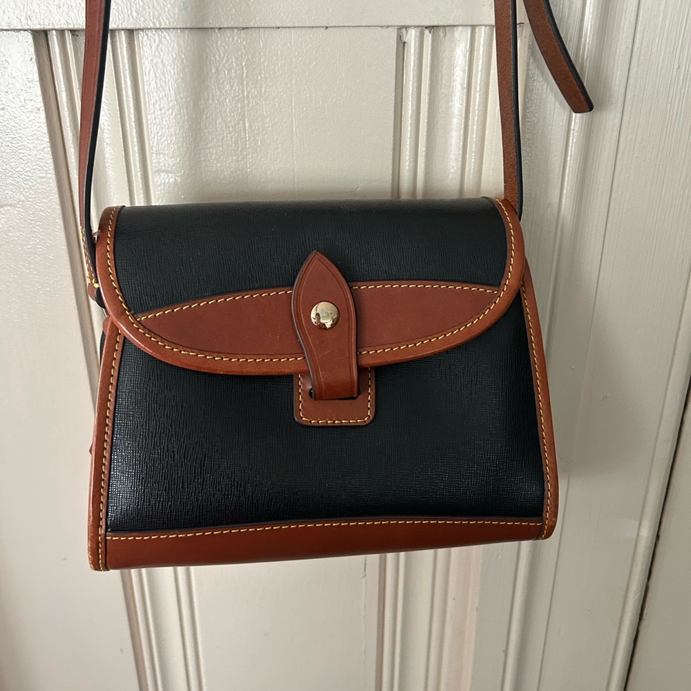 Black and Brown Two-Tone Leatherette Crossbody with Snap Closure